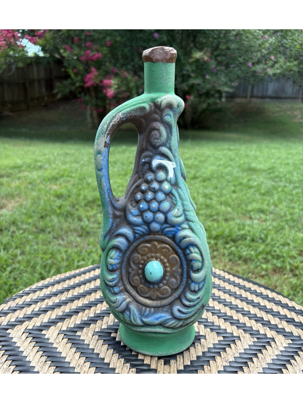 Art Pottery Ceramic Vase, Green Blue Brown Grape Motif, Handle, 12 in